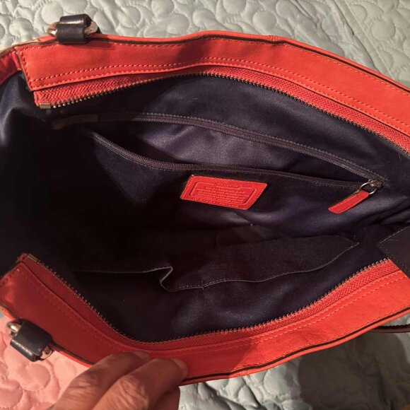 Coach Park Color Block Carrie Tote Bag Orangish Red Blue Brown Leather Purse - Picture 2 of 4